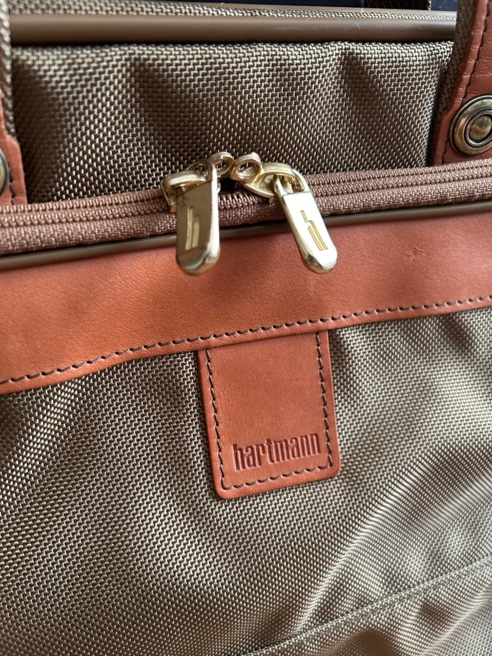 Hartmann EUC sage green ballistic nylon tan leather commuter bag briefcase 16 in